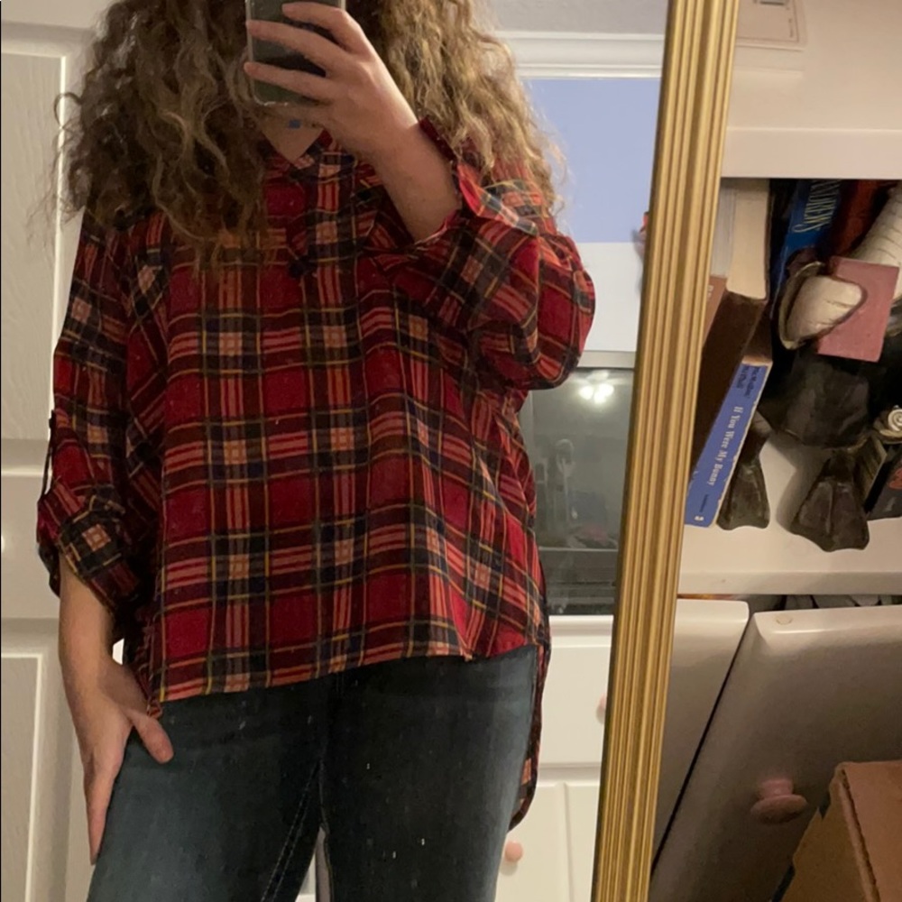 Semi sheer plaid collared v neck